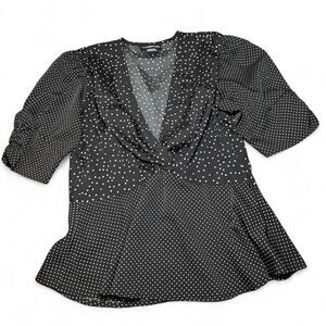 Wednesday’s Girl Blouse S Black White Polka Dot Surplice V Neck Peplum Top